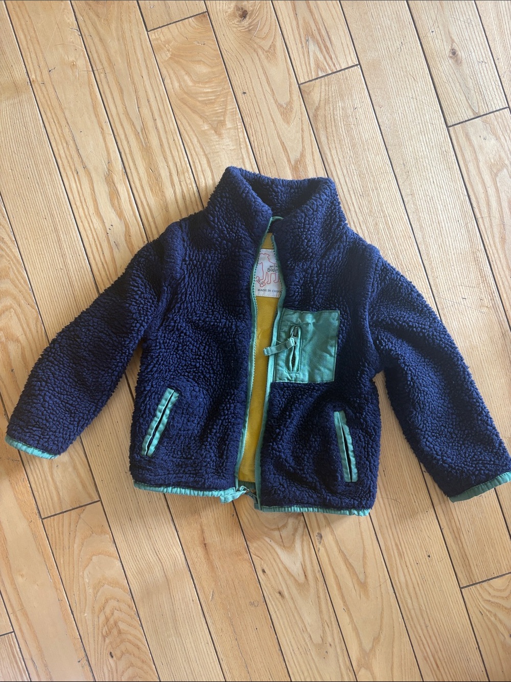 Boden Navy Sherpa Jacket/Vest with Teal and Mustard Accents